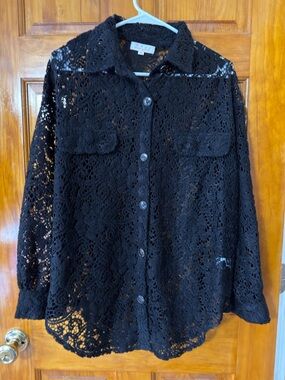 Black Crochet Button-Down Shirt - Women's Lace Overlay